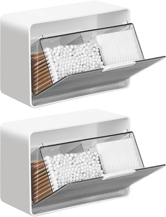 Qtip Holder, 2 Pack Wall Mount Qtip Holder Organizers for Bathroom Cotton Swabs, Balls, Cosmetic Cotton Pads, Dental Floss Storage - WhiteGrey
