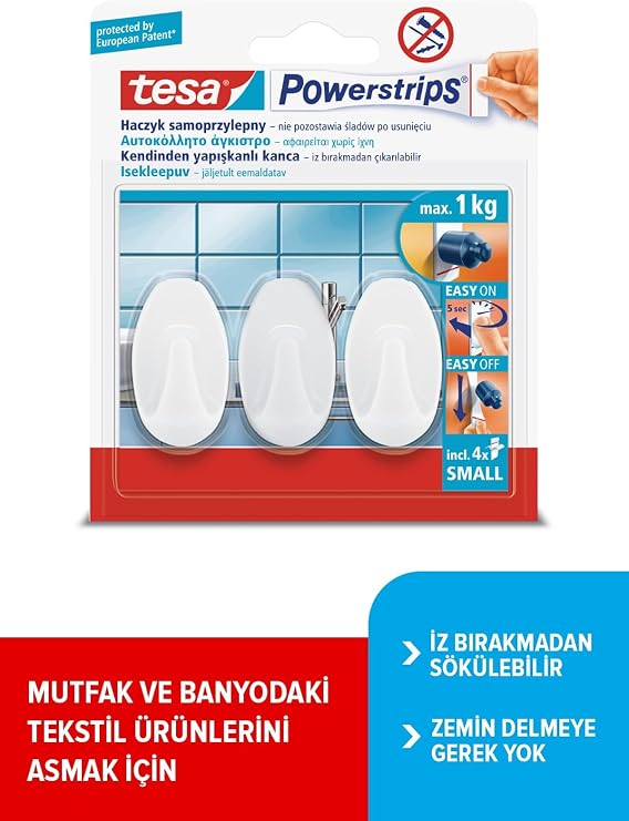 Powerstrips Askı Küçük Oval Kendinden Yapışkanlı, Çıkarılabilir, beyaz