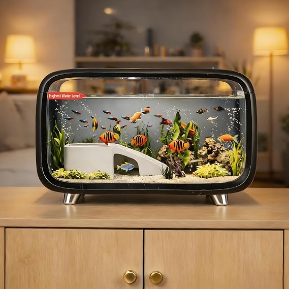 Aquarium Kit Compact Betta Fish Tank Office Fish Tank Bedroom Aquarium Clear Viewing Tank Ecological Cycle System Aquarium Gift Set for Desktop Office or Home Décor Black