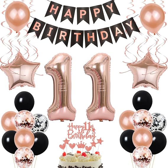 Balloon 11th Birthday Decoration Rose Gold Black Birthday Decoration 11 Years Cake Decoration Birthday 11 Girl Happy Birthday 11 Girl