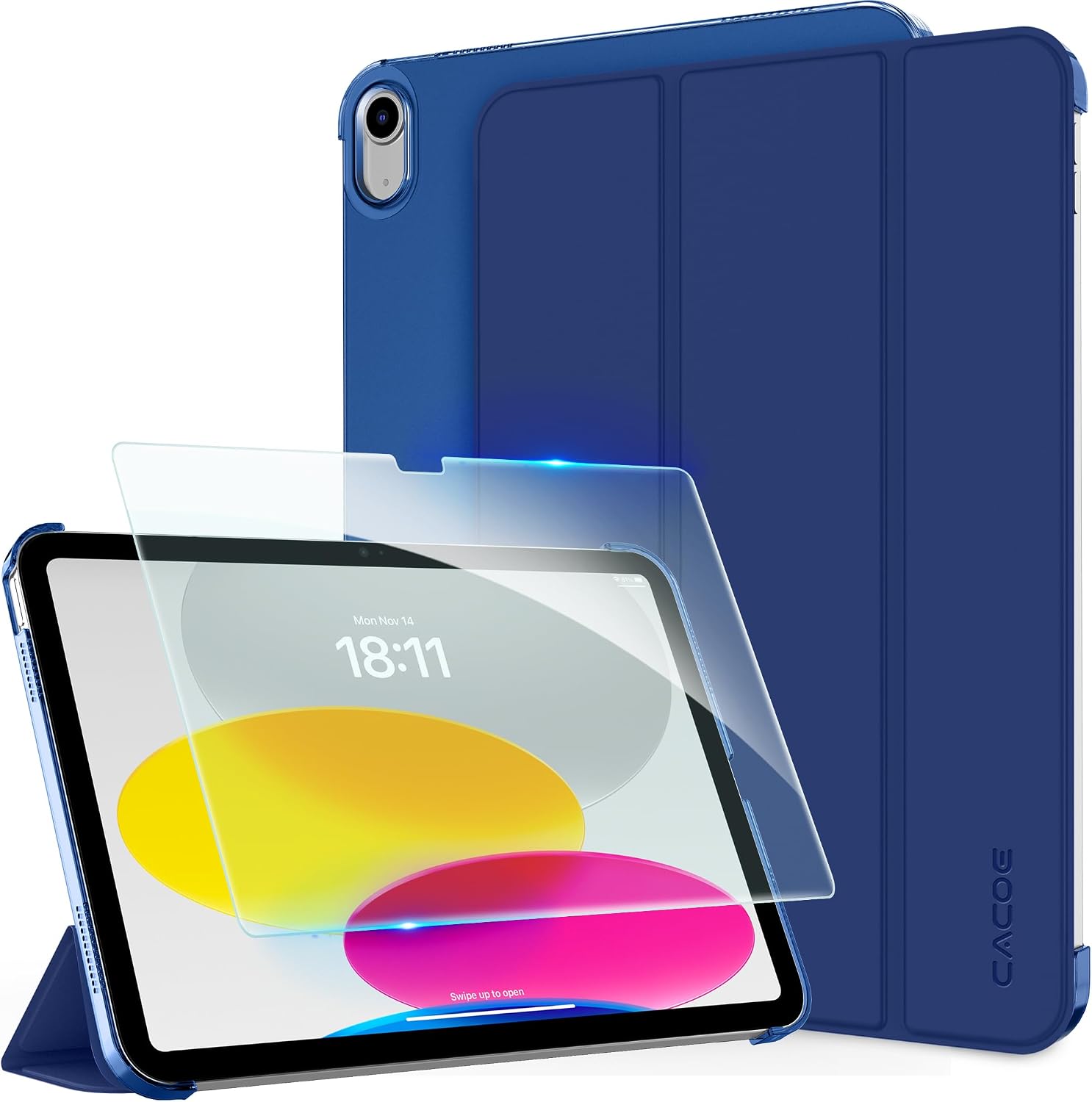 iPad 11th Generation 10th Generation Case Glass Film Set CACOE iPad a16 11 inch 202510.9 inch 2022 iPad Hard Case Auto Sleep Trifold Compatible with Apple Pencil Aibad Cover Navy