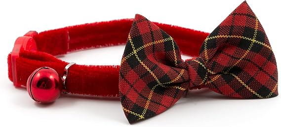 Ancol Vintage Bow Safety Cat Collar in Tartan - Luxury Velvet Collar with Removable Bow and Break Away Buckle - Includes Warning Bell