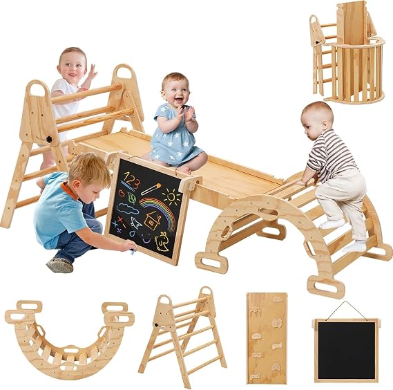 8 in 1 Climbing Frame for Toddlers with Ramp,Ladder and Arch,Pikler Triangle Set,Wooden Foldable Baby Montessori Climber Toys,Play Jungle Gym for Kids Indoor Outdoor,Gift For Girls Boys 1-6 Years Old