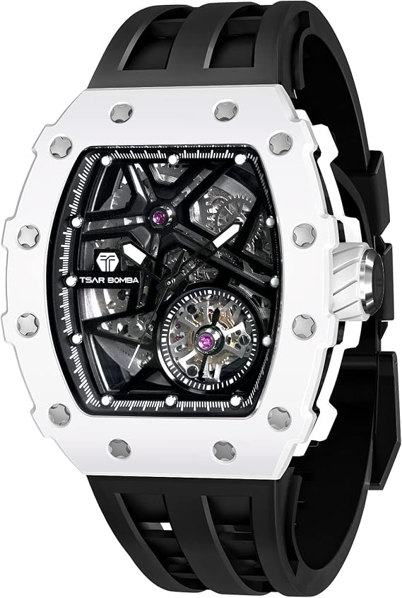 TSAR BOMBA Men's Automatic Watch Mechanical Tonneau Luxury Skeleton Watches for Men 50M Waterproof Analogue Work Mens Wrist Watch Unique Cool Design Square Silver Big Face Wristwatch Silicone Strap