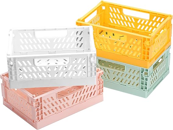 4 Pcs Collapsible Storage Boxes, Stackable Storage Baskets, Folding Crates, Collapsible Crate Box, Foldable Basket, Plastic Foldable Crates for Office Kitchen Bathroom Cupboard Organiser