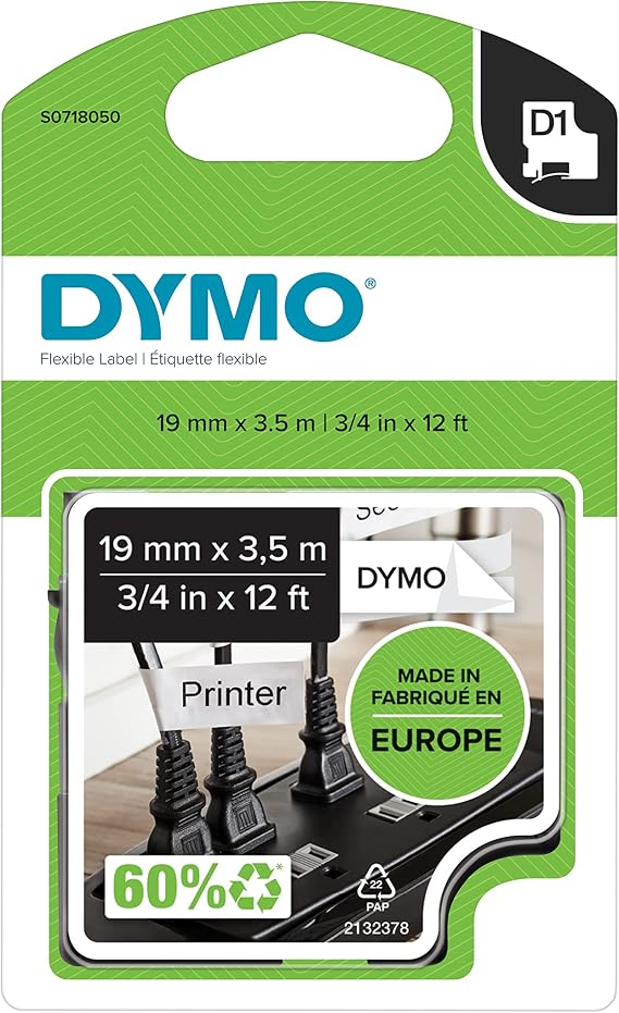 Dymo S0718050, Yüksek Performans Esnek Naylon (19 mm x 3,5 mt), Siyah/Beyaz (16958)