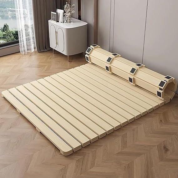 Folding Solid Wood Bed Frame,Foldable Japanese Floor Tatami Bed Frame,Wooden Roll-Type Slatted Floor Bed for Bedrooms,Guest Rooms,Dorm(78.7" D x 39.4" W, Khaki)