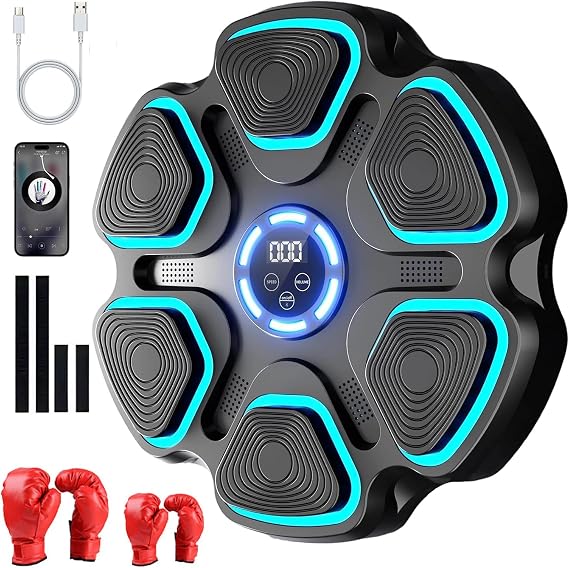 Music Boxing Machine, Smart Musical Boxing Machine with Boxing Gloves, LED Color Light, Bluetooth, 9 Speeds, Automatic Counting, Wall-mounted Boxing Machine for Home Exercise (Adult+Children's Gloves)
