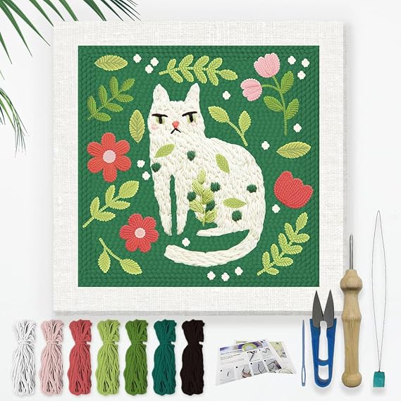 DOODLREAM DIY Embroidery Set with Hole Needle Cat and Leaf Flower for Adults Beginners 24 cm Punch Stitching Craft Set for Beginners with Frame Fabric Pattern Threader Yarn Hole Needle