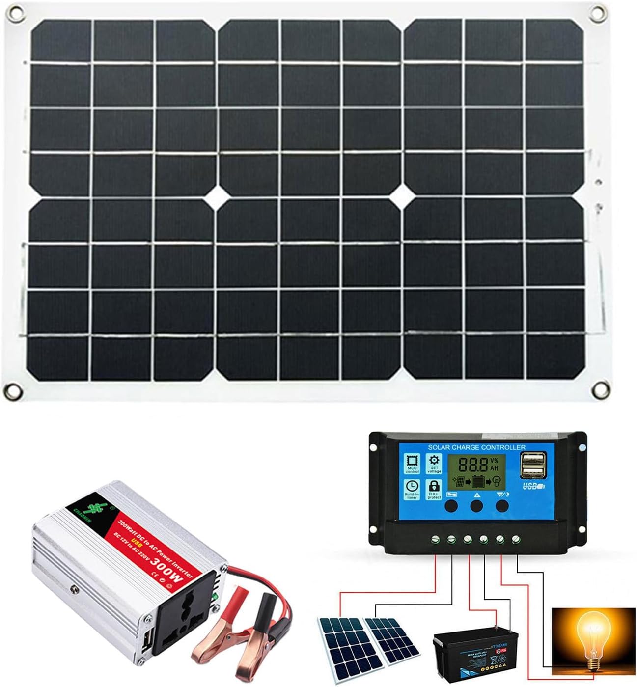 Solar Powered System, Portable Generator with 300W Solar Panel - Portable 300W Power Inverter for Home Backup Outdoor Camping RV