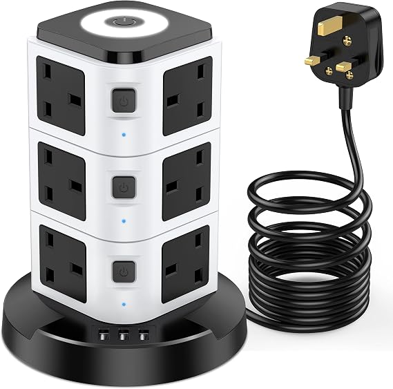 Tower Extension Lead with USB Slots, Acodot 12 Way Multi Plug 1.8m Extension Cable, 3 USB Slots, Surge Protection Extension Lead with Night Light for Home, Office