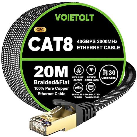 Cat 8 Ethernet Cable 20M, High-Speed 40Gbps/2000Mhz Flat Braided Internet Cable, Gigabit STP RJ45 Network Cable Compatible for PS4/5, for Modem, PC/Laptop