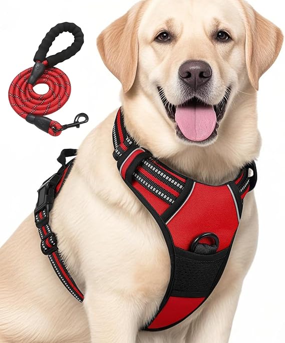 No Pull Dog Harness Reflective No-Choke Harness with Front Back Clips Adjustable Soft Padded Pet Vest with Easy Control Handle for Large Dogs, Red, X-Large