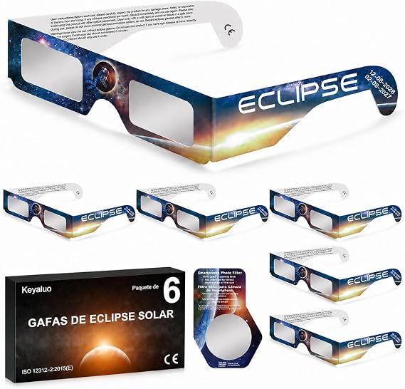 6/12/100 Gafas Eclipse Solar Homologadas,Certificado EN ISO 12312-2:2015(E) y CE,Aprobación AAS 2026,Gafas eclipse solar para visión directa del sol