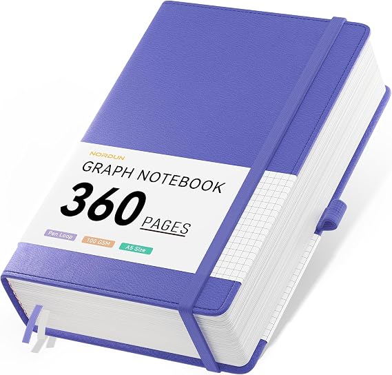 Graph Notebook A5 Thick Journal,360 Pages Squared Notebooks for Writing,100gsm Paper Hardcover Leather Journal for Office School Work Women Men,Sticky Tabs,14.5 x 21cm - Purple