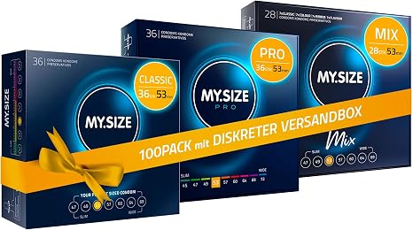 MY.SIZE 100 Condoms 53 mm Mega Set Classic + Mix + Pro Size 3 Pack of 100 Premium Condom Extra Thin Real Feel Thin Wall Thickness