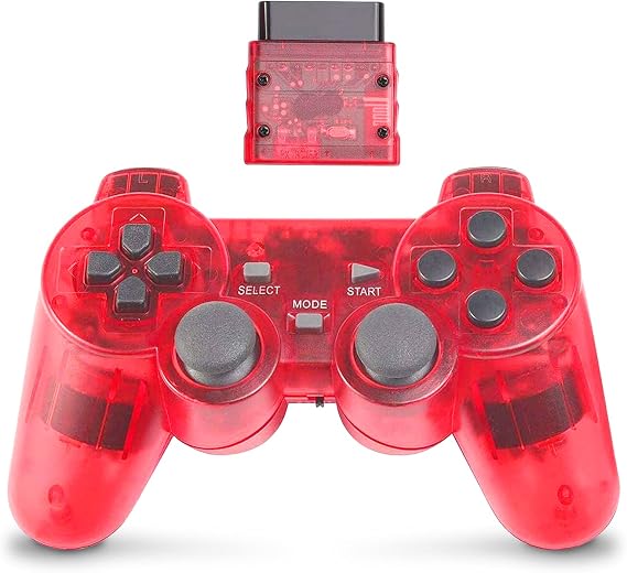 Wireless Controller for PS2 Dual Shock, Gamepad Remote Compatible with Playstation 2 (Clear Red)