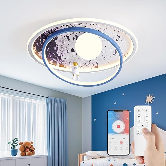LED Children Ceiling Light, 50cm Creative Cartoon Astronaut Ceiling Light with Remote Control, Dimmable Kindergarten Ceiling Lamp for Kids Room Girls Boy Bedroom, Blue-White Ball [Energy Class F]