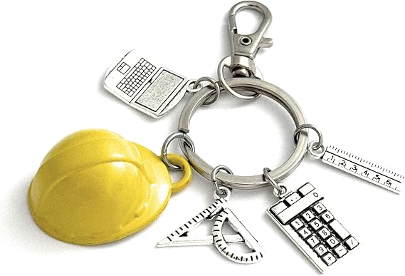 Civil Engineering Quantity Surveyor Theme Keyring Key Ring with Laptop, Ruler, Hard Hat, Calculator and Set Square Charms with Lobster Clasp