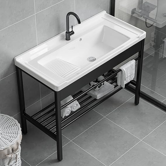 Bathroom Sink Pedestal Console Sink laundry Sinks Ceramic Wash Basin free standing Vanity Rectangle sinks with Stainless Steel Metal Legs Stand Vanity Sink with black Storage Shelf ( Size : 91x48cm/36