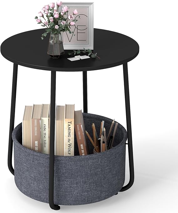 COSTWAY Round Side Table, 2-Tier Nightstand Sofa End Table with Fabric Storage Basket, Metal Frame Small Coffee Tea Bedside Tables for Living Room Bedroom, 45x45x51cm (Black+Dark Grey)