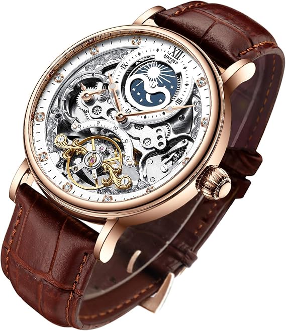IK COLOURING BESTN Men's Luxury Skeleton Automatic Mechanical Leather Moon Sayings Luminous Hands Self Winding Brown Brown Mechanical Watch