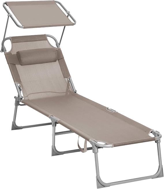 SONGMICS Katlanır Şezlong 193 x 53 x 29 cm, 150 kg Taşıma Kapasitesi, Bahçe, Havuz, Teras için Güneşlikli ve Yatar Sırtlıklı, Taupe GCB192K01