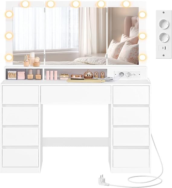 VASAGLE Dressing Table with Mirror, 3 Light Colors, Adjustable Brightness