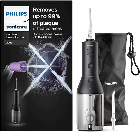 PHILIPS Sonicare Cordless Power Flosser 3000 Oral Irrigator with Quad Stream Technology and Pulse Waves, HX3806/33-2022 Version, Black