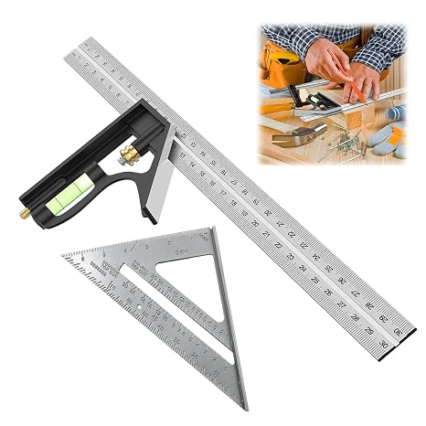 2 Pcs Combination Square, Incl 11.81inch/300mm Combination Square With Spirit Level, And A Silver 7-Inch Imperial Triangle Ruler At 90 Degrees For Accurate And Adjustable Woodworking Measurement