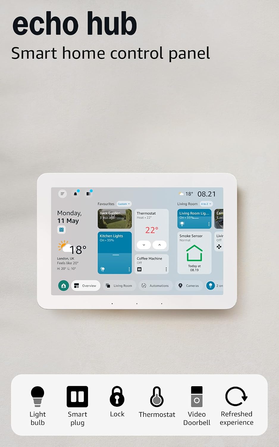 Amazon Echo Hub, 8" smart home control panel, Experience a refreshed interface with customisation and Alexa+. Compatible with thousands of devices, with Alexa+ Early Access