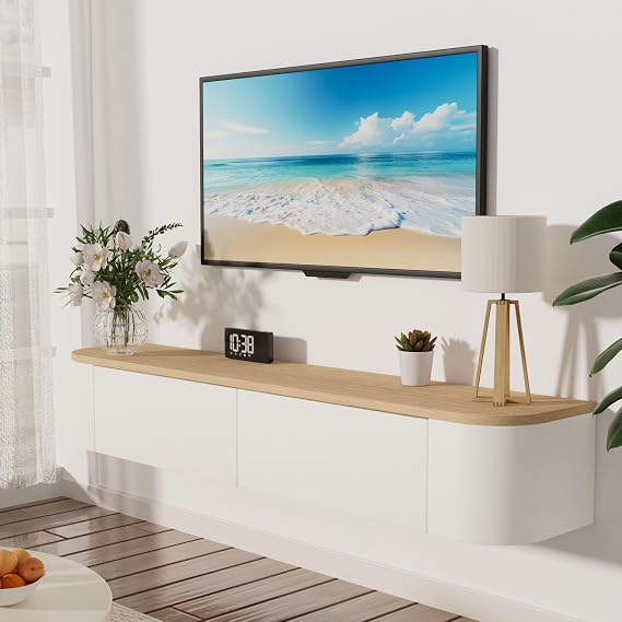 120cm Floating Tv Stand Cabinet Wall Mounted Tv Unit with Doors And Drawers Media Wall Unit Large Storage Console Table for Living Room Bedroom and Office, White+Wood