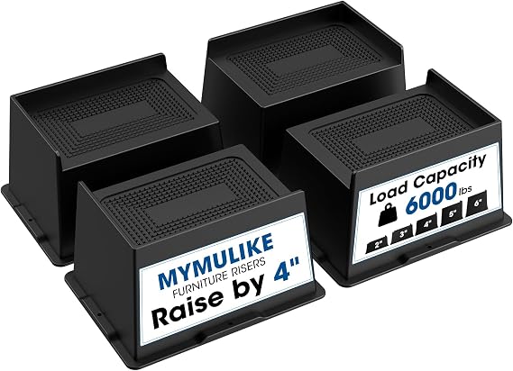 MYMULIKE Bed Risers 4 inch Heavy Duty Furniture Risers, Up to 6000 Lbs Bed lifts Blocks for Couch Desk Sofa Table Bookshelf（Black 4 Pack,4 Inch）