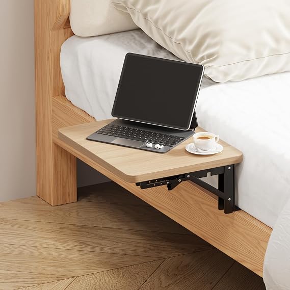 Menaka Floating Bedside Shelf Table Oak 30x25cm, Small Folding Bed Mounted Side Table Tray Clip On Nightstand for Bunk & Top Bunk Wood Tabletop with Metal Frame (oak#1)