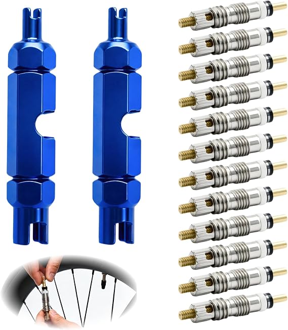 14PCS Presta Valve Core Set with Removal Tool, Replacement Bicycle Presta Valve Remover Tool Kit, Universal Copper Valve Inserts for Road and Mountain Bike Tyres Airtight Valve Stem Component