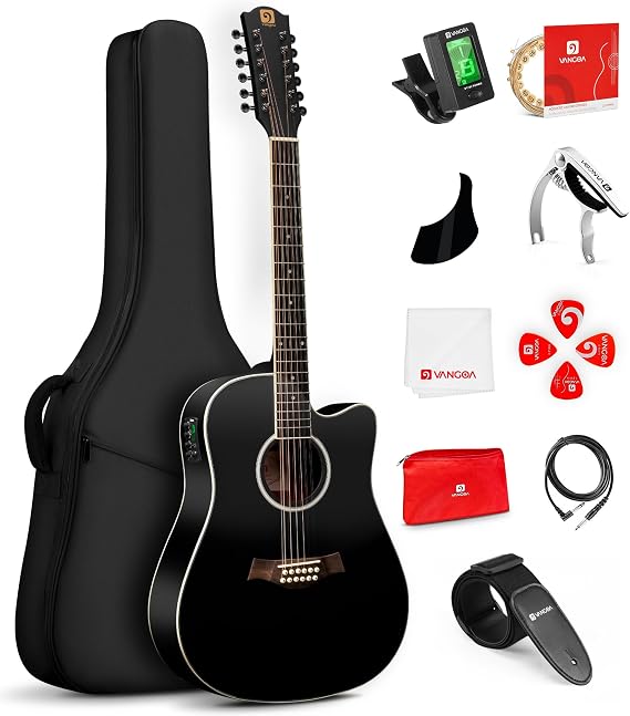 Vangoa 12 String Guitar, Acoustic Cutaway Guitar Bundle for Beginner Adults, Spruce Top, Bone Nut, Black Matte
