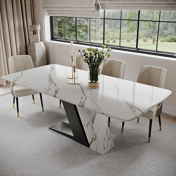 POVISON Modern & Luxurious Dining Table 160 cm for 4 Rectangular Table Top Z-shaped Base White & Black Easy Installation (without Chairs)