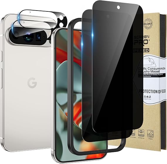 Privacy Screen Protector for Google Pixel 9 Pro XL with Camera Lens Protector,Tempered Glass Film,9H Hardness HD,Support Fingerprint Unlock,2-Pack Each
