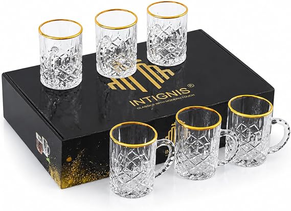 Glass Tea Cups Set of 6, Gold Rim Glass Mugs with Handle 210ml