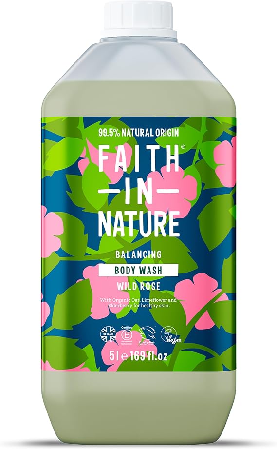 Faith In Nature Natural Wild Rose Body Wash, Balacing Shower Gel, Vegan & Cruelty Free, No SLS or Parabens, 5L Refill Pack