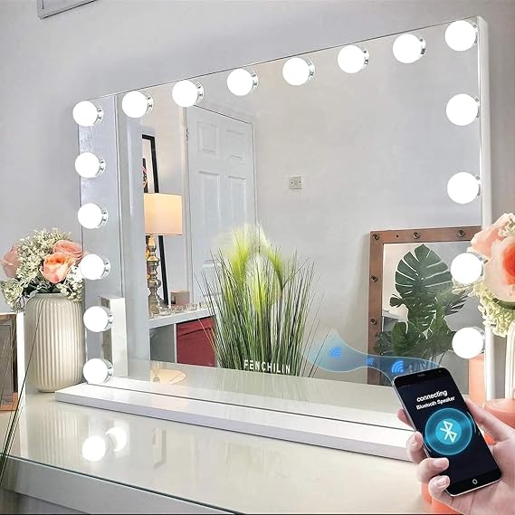 FENCHILIN Vanity Mirror Hollywood Mirror with Lights 18 LED Bluetooth 80x58