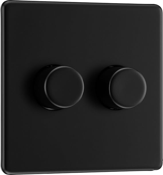BG Electrical Intelligent Double Wall Dimmer Switch, 2 Way, Screwless Front Plate, Premium Flatplate, Matt Black, 200W, FFB82