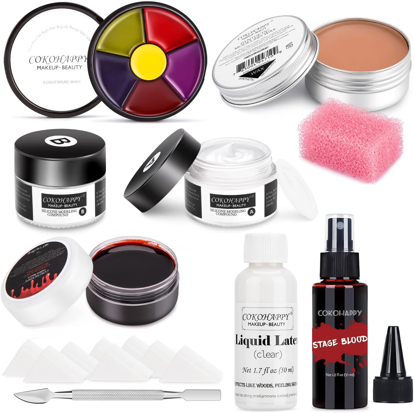 Halloween Makeup Kit SFX Makeup Kit, Spray Fake Blood Kit, Liquid Latex, Scar Wax, Silicone Modeling Compound, 6 Colors Bruise Face Body Paint for Zombie Monster Vampire