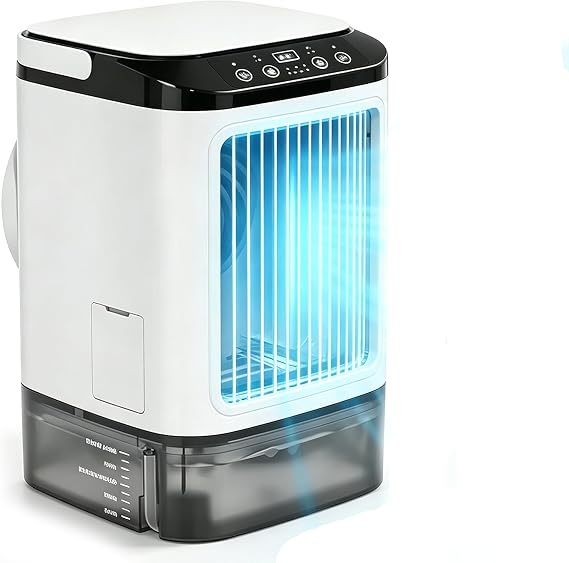 1000ml Portable Air Conditioner with Remote Control, 5-in-1 Mini Air Cooler, 3 Wind Speeds & 3 Mists Modes, 2-8H Timer, 7 Colours Light, Mobile Air Cooling Fan for Room/Office, Plug-in [Energy Class A++]