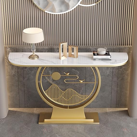Modern Konsol Masa 80 cm Yükseklik - Depolama Raflı Dar Giriş Masası, Oturma Odası, Koridor ve Giriş için Kanepe Masası (Altın ve Beyaz, 80 cm / 31,5 inç)