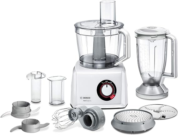 Bosch MultiTalent 8 Compact Food Processor XXL Mixing Bowl 3.9 L Mixer 1.5 L Utility Knife Grating Disc Cutting Rasp Reversible Disc Potato Puff Disc 1000 W Small White MC812W501