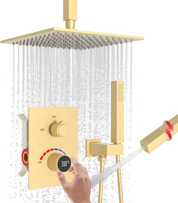 Temperature Display Shower System, Ceiling Mount 10 Inch Shower Head with 2 in 1 Handheld Shower Faucet Set, Brushed Gold