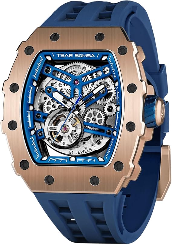 TSAR BOMBA Men's Automatic Tonneau Skeleton Luxury Watch 50 m Waterproof Analogue Mechanical Diving Square Hollow Watch Japanese Movement Sapphire Mirror Silicone Strap