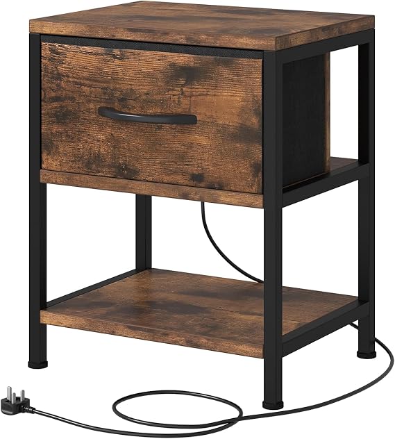 Feonase Slim Side Table with Charging Station, Narrow Bedside Table with Fabric Drawer & Storage, End Table for Living Room Bedroom Small Space, Rustic Brown, 40x30x50cm