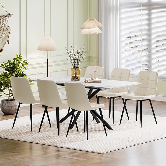 Extendable Dining Table and Chairs Set 6, 120-160cm Marble Effect Table with 6 Beige Upholstered PU Leather Chairs for Dining Room, Kitchen